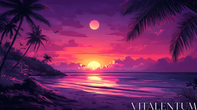 Dual-sun tropical shoreline under saturated dusk sky