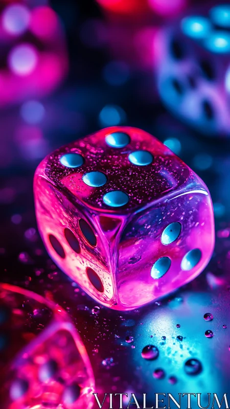Neon glass dice under vibrant blue and magenta light.
