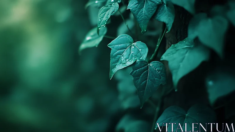 Moody closeup ivy leaves with rich teal forest bokeh.