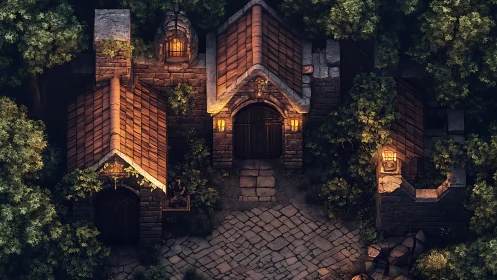 Medieval Stone Castle Courtyard at Night with Ambient Lighting.