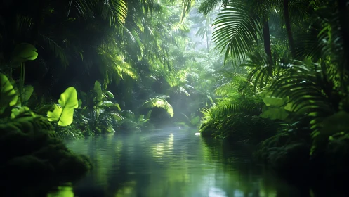 Sunlit jungle stream winds through dense tropical canopy