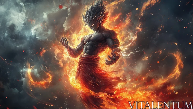 Hyperreal fiery warrior ascension with dynamic flame aura