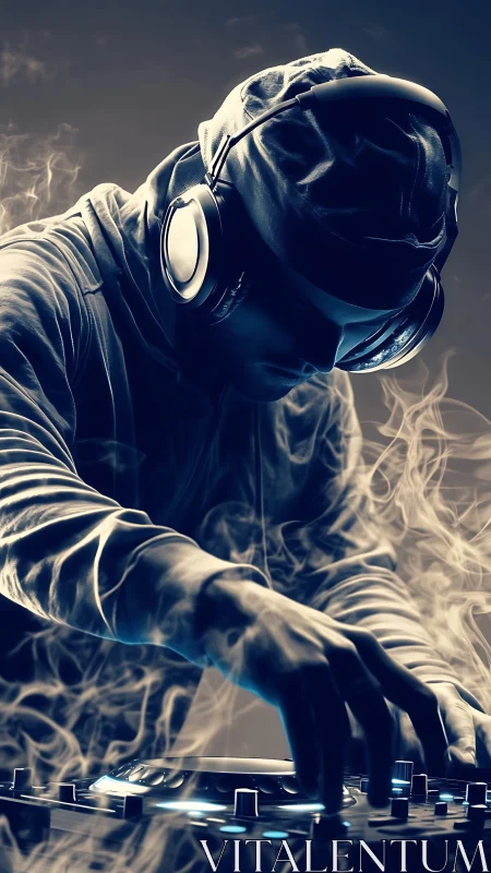 Smoke-wreathed DJ sculpting neon beats in shadowed glow.