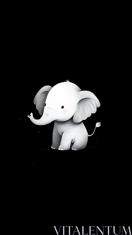 Monochrome baby elephant illustration with soft shading on black