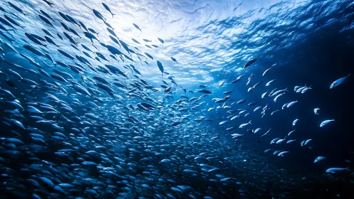 School of silver fish curves through deep blue ocean