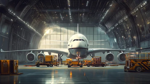 Photorealistic widebody jet in illuminated industrial hangar.