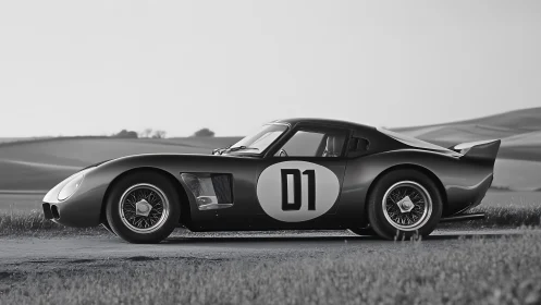 Monochrome profile study of vintage race coupe aerodynamics.