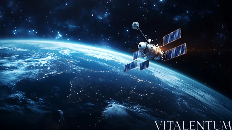 Communications satellite orbiting Earth above city lights.