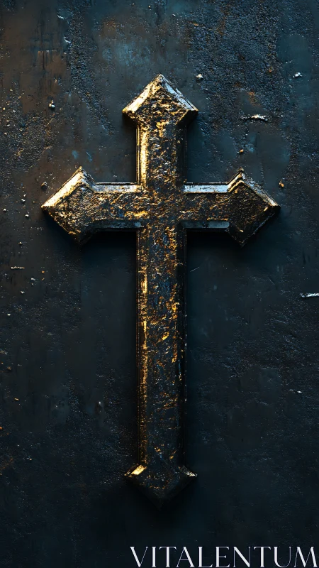 Weathered golden metal cross glows on dark textured wall.