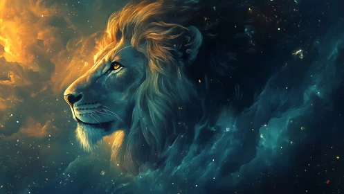 Celestial lion profile in teal nebula with golden flare.