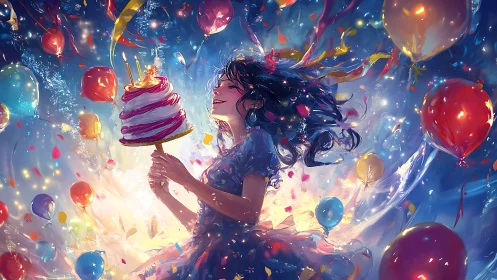 Woman with Tiered Cake Amid Glowing Balloons.
