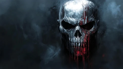Metallic skull drips blood through smoky blue darkness