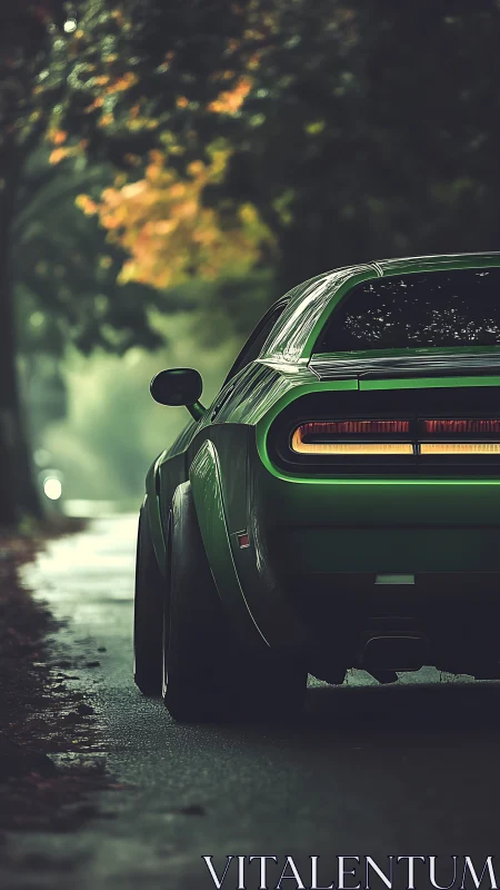 Rear three quarter view isolates a neon green muscle car