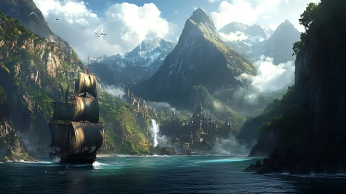 Galleon Navigates Fantastical Mountain Bay.