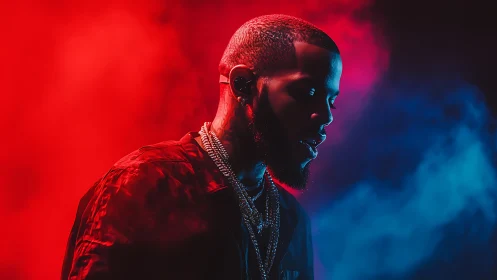 Side-lit portrait isolates pensive man in red blue haze