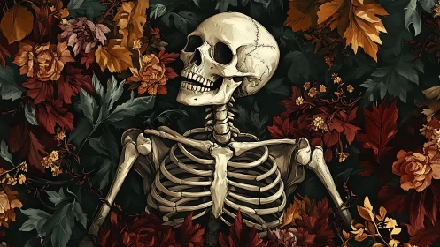 Laughing autumn skeleton cradled in opulent, dying blooms.