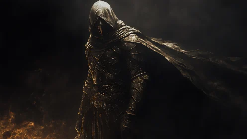 Hooded armored figure stands in low-key, directional lighting