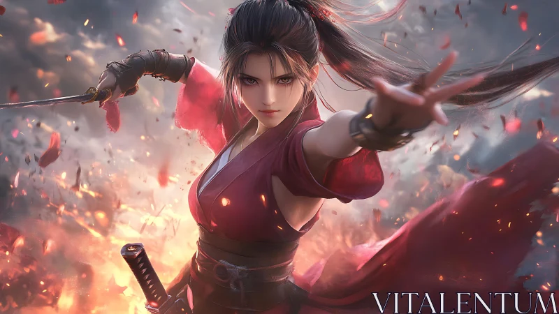 Dynamic anime warrior in red, cinematic action composition.