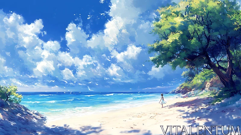 Solitary figure on bright shoreline under expansive clouds.