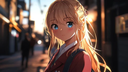 Blonde student in sunset city street, cinematic anime portrait.
