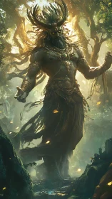 Forest deity towering over misty woodland sanctuary.