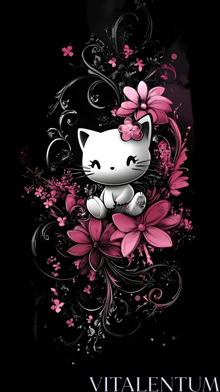Enchanted Feline: Cute Cat Surrounded by Pink Floral Elegance
