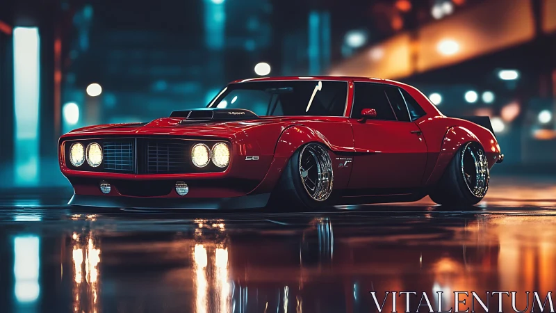 Sleek red muscle car glowing under dreamy city lights.