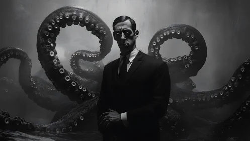 Mysterious gentleman stands amid curling sea tentacles.