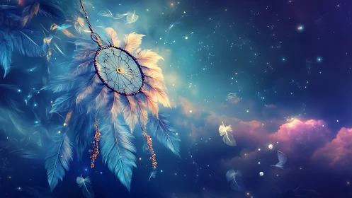 Dreamcatcher with glowing feathers in cosmic night sky.