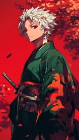 Crimson autumn samurai portrait with high-contrast kimono detail.