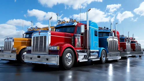 Chrome Giants Lined in Color, Sunlit on Shimmering Asphalt.