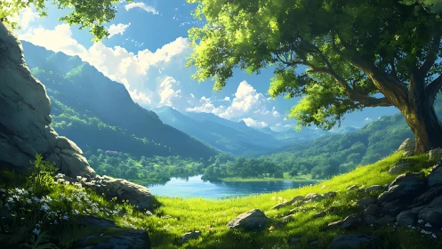 Sunlit alpine lake valley under broad canopy tree perspective