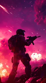 Neon dusk commando walking through a star-slashed battlefield.