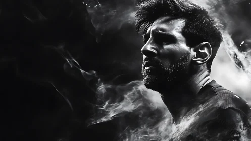 Smoke-draped footballer in monochrome warrior focus.