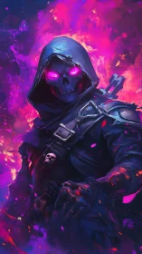 Hooded voidwalker grins through neon fire and liquid night