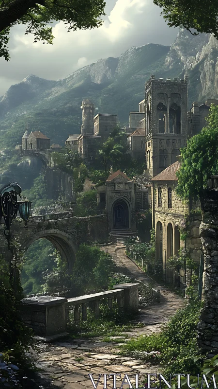 Medieval stone mountain village with overgrown path at dusk.