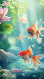 Bright orange goldfish swim in soft light pond scene.