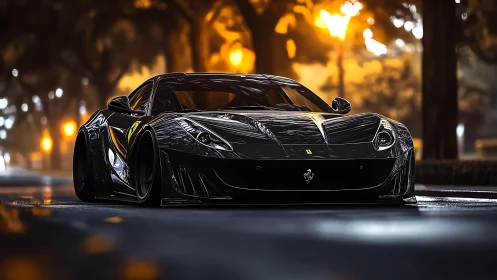 Photorealistic low-angle supercar portrait with bokeh lighting.