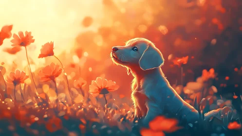 Backlit puppy rendered in soft-focus bokeh with warm volumetric light