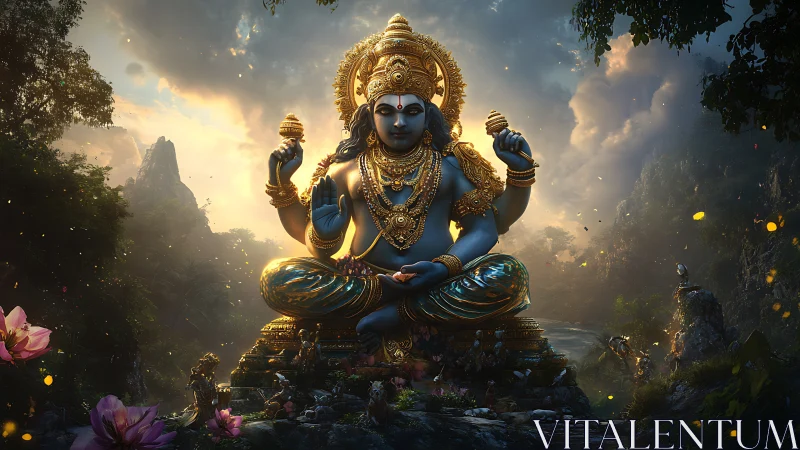 Golden blue deity rests in a lush valley at glowing sunset