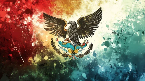 Bold Mexican eagle spreads its wings in vibrant color splashes