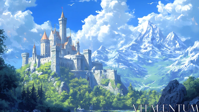 Sunlit mountain castle rising above a bright green valley.