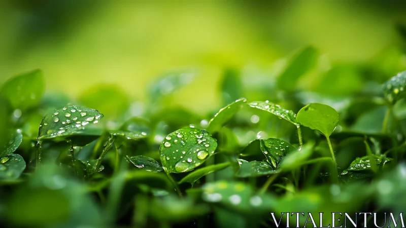 Macro study of dew-kissed clover leaves in vivid green bokeh.