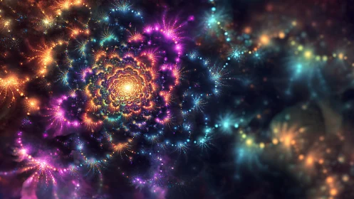 Fractal nebula spiral glows with radiant cosmic fireworks.