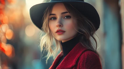 Autumn-eyed wanderer in crimson coat and shadowy brimmed hat.