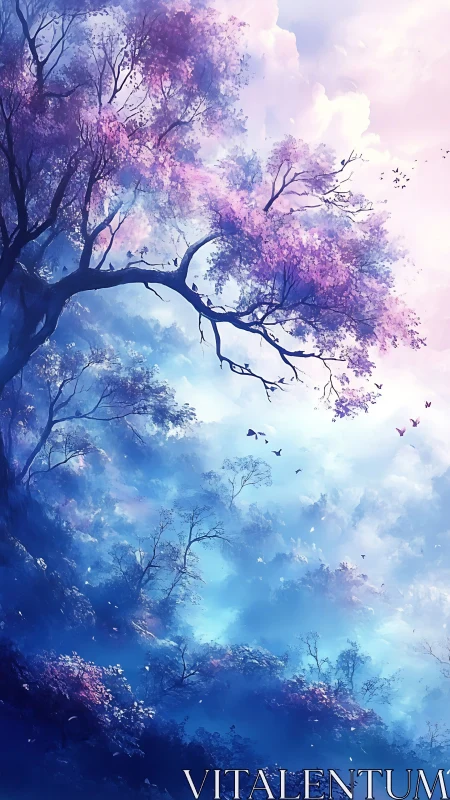 Pastel-lit fantasy forest recedes into mist with ethereal depth