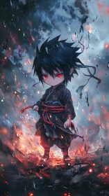 Chibi dark warrior stands amid swirling fire and ash