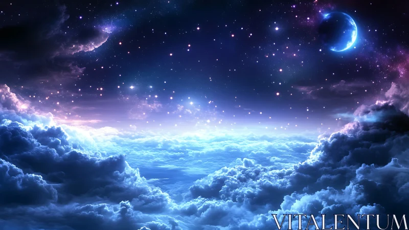 Moonlit nebula sky glows above luminous storm clouds