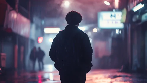 Midnight drifter in neon rainlit alleyway solitude.