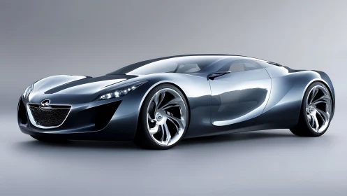 Futuristic silver sports car concept with sculpted curves.